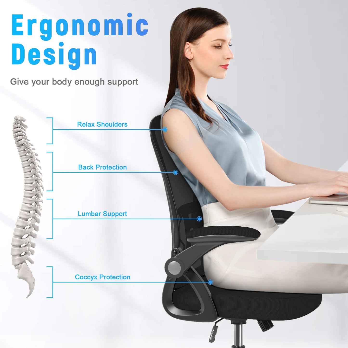 Chaise de Bureau Ergonomique avec Si¨¨ge Coulissant, Accoudoir Rabattable ¨¤ 90 ¡ã, Angle de Support Lombaire R¨¦glable, Recommande