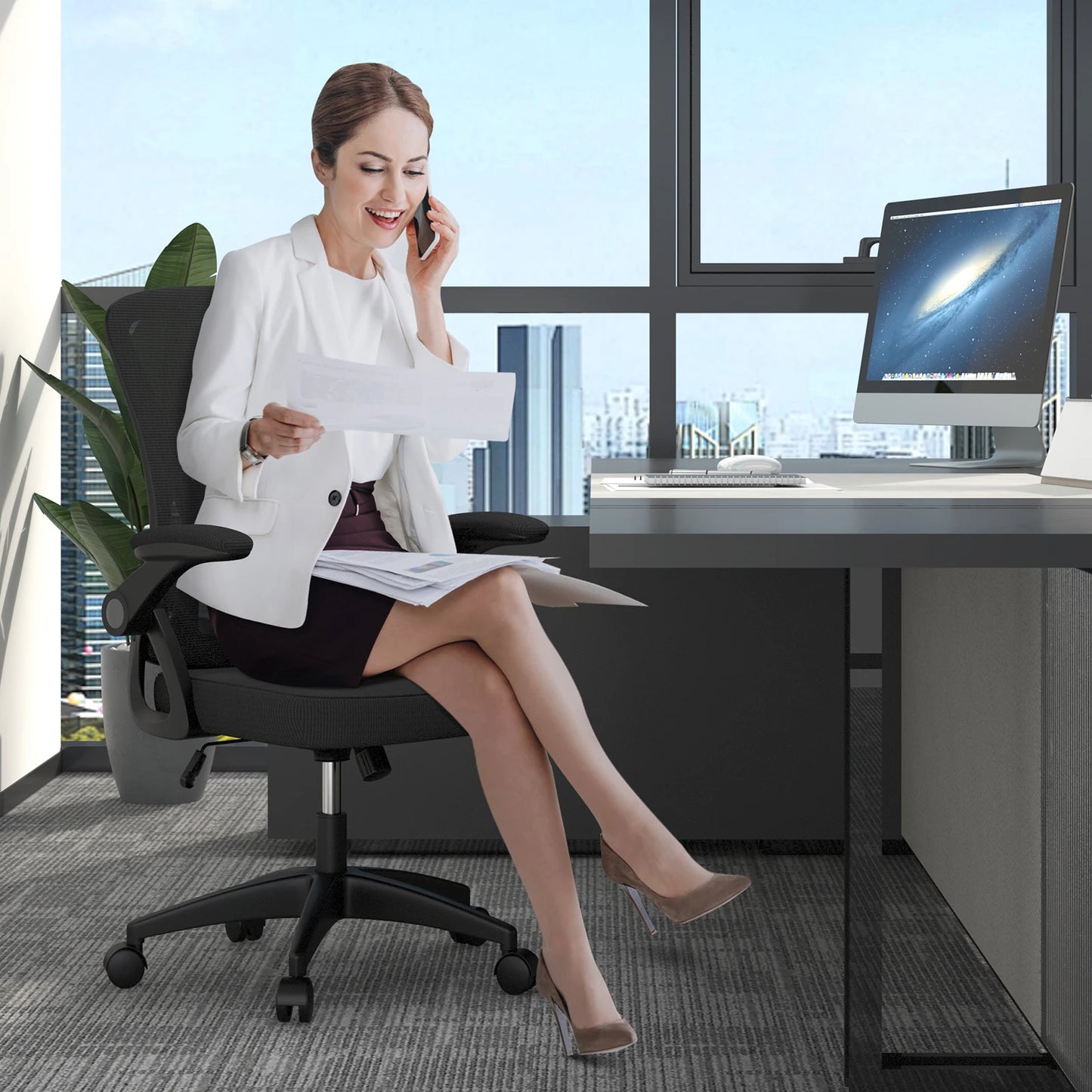 Chaise de Bureau Ergonomique avec Si¨¨ge Coulissant, Accoudoir Rabattable ¨¤ 90 ¡ã, Angle de Support Lombaire R¨¦glable, Recommande