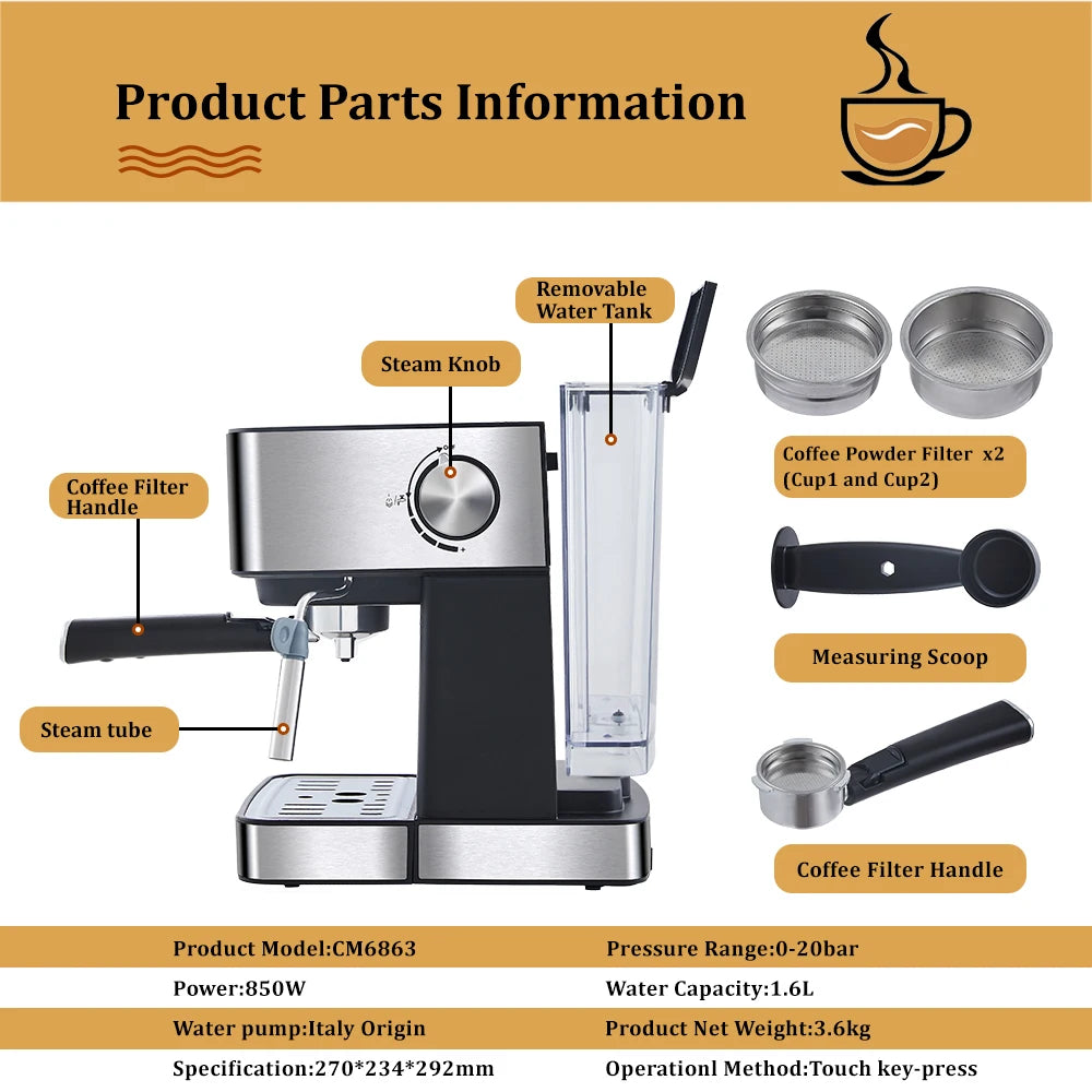 Machine ½Ç caf¹È expresso de Type italien, 20 bars, avec mousseur ½Ç lait, pour expresso, Cappuccino et moka