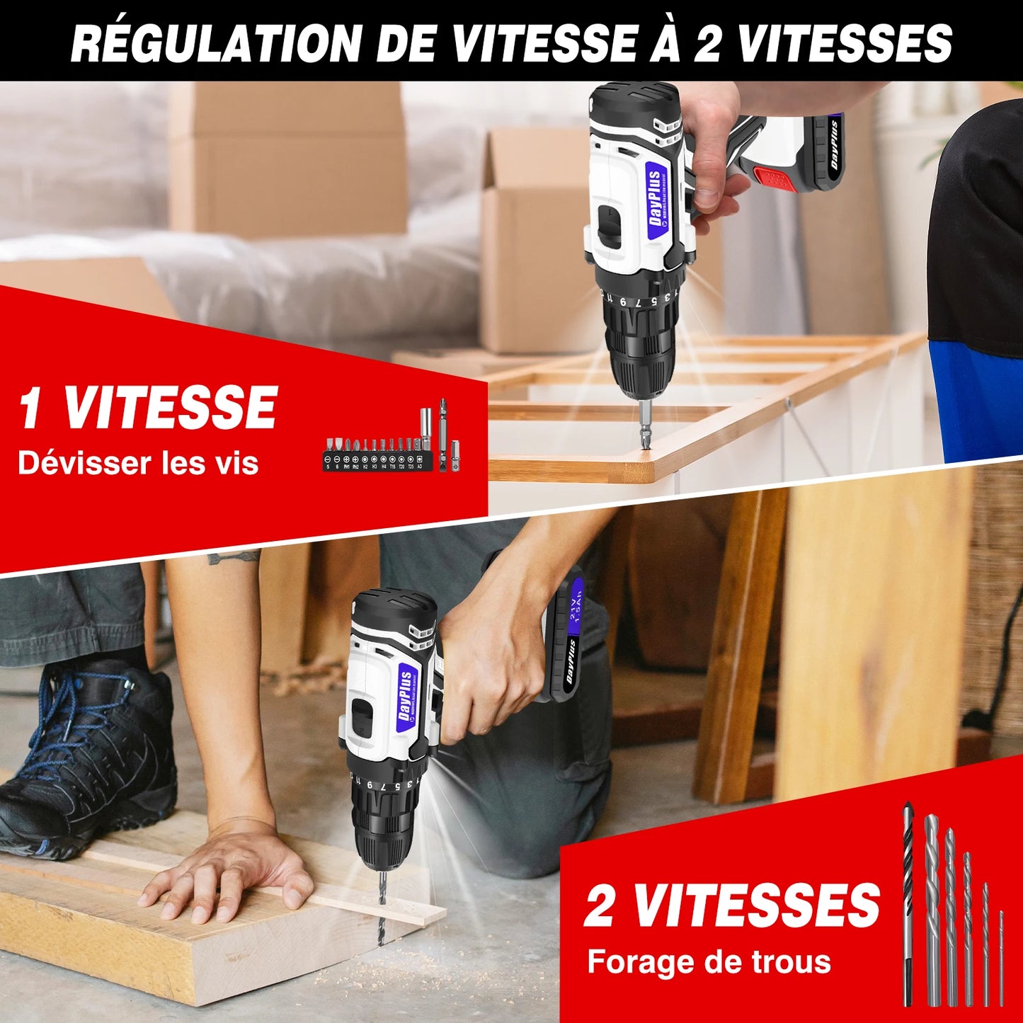 Ensemble de visseuse ¨¦lectrique sans fil, 2 vitesses de transmission, 25 + 1 couple, avec lumi¨¨re LED, batterie Li - ion 21v et chargeur rapide, mandrin sans cl¨¦ de 3 / 8 pouce avec foret 26pcs