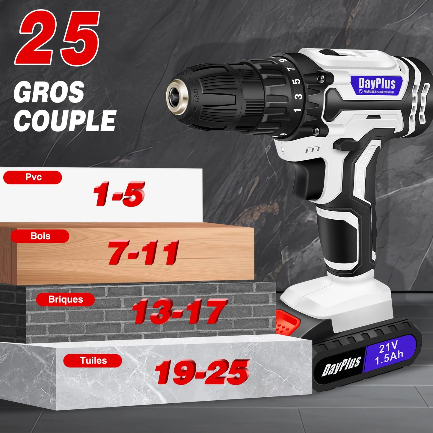 Ensemble de visseuse ¨¦lectrique sans fil, 2 vitesses de transmission, 25 + 1 couple, avec lumi¨¨re LED, batterie Li - ion 21v et chargeur rapide, mandrin sans cl¨¦ de 3 / 8 pouce avec foret 26pcs