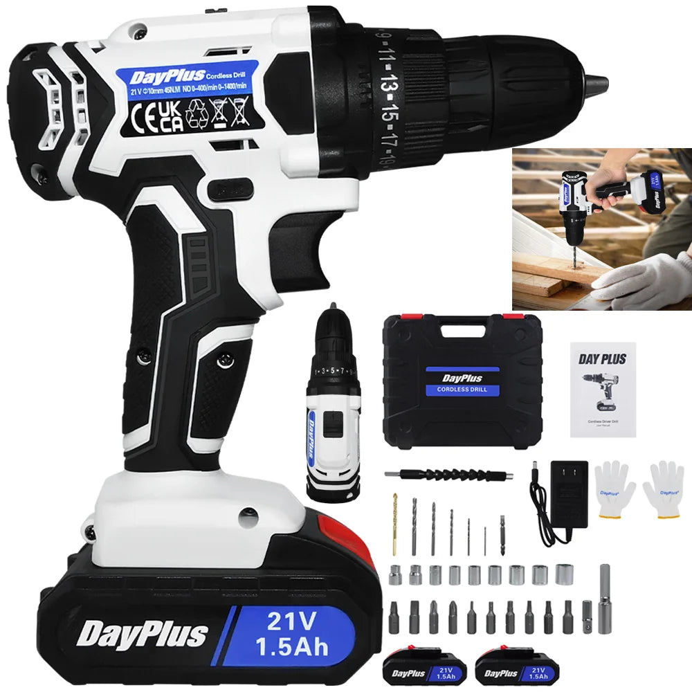 Ensemble de visseuse ¨¦lectrique sans fil, 2 vitesses de transmission, 25 + 1 couple, avec lumi¨¨re LED, batterie Li - ion 21v et chargeur rapide, mandrin sans cl¨¦ de 3 / 8 pouce avec foret 26pcs