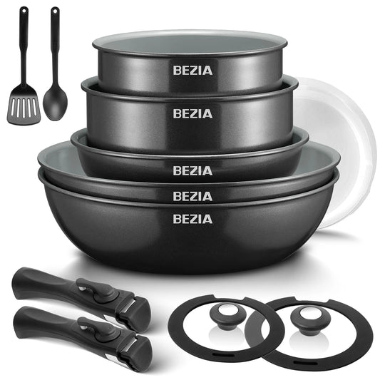Ensemble d'U?de Cuisine ½Ç Induction avec RevÄÇtement C¹Èramique Sain, Casseroles et PoÄÇles Antiadh¹Èsives avec Poign¹Èes Amovibles, 13 Piõ¹ces