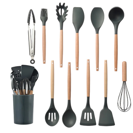 Ensemble d'ustensiles de cuisine en silicone antiadh¹Èsif, ustensiles de cuisine, spatule, pelle, batteurs ½Ç ?ufs, manche en bois, ensemble d'outils de cuisine, grey