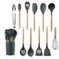 Ensemble d'ustensiles de cuisine en silicone antiadh¹Èsif, ustensiles de cuisine, spatule, pelle, batteurs ½Ç ?ufs, manche en bois, ensemble d'outils de cuisine, grey