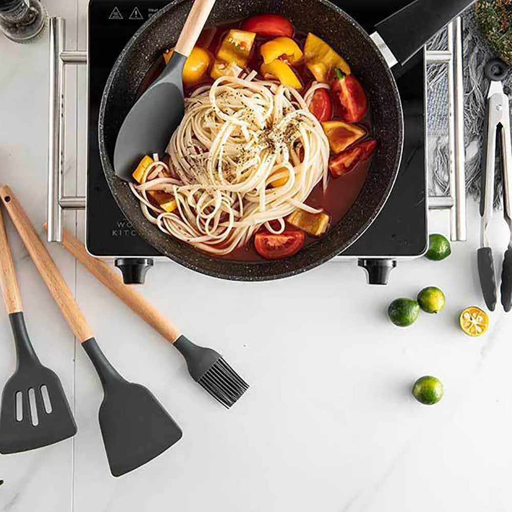 Ensemble d'ustensiles de cuisine en silicone antiadh¹Èsif, ustensiles de cuisine, spatule, pelle, batteurs ½Ç ?ufs, manche en bois, ensemble d'outils de cuisine, grey