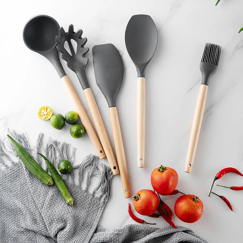 Ensemble d'ustensiles de cuisine en silicone antiadh¹Èsif, ustensiles de cuisine, spatule, pelle, batteurs ½Ç ?ufs, manche en bois, ensemble d'outils de cuisine, grey