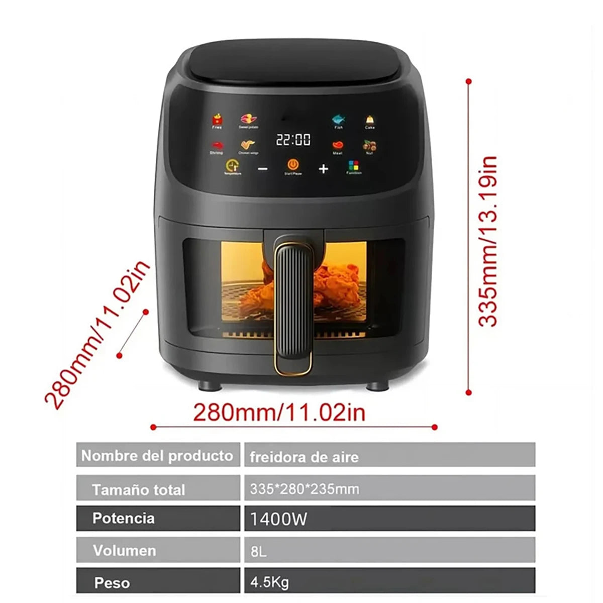 Friteuse ½Ç air domestique sans huile, Smart LED Touch, Friteuse ½Ç air, SubKRthermique, Cuisiniõ¹re, Frites jetables, 1400W, 8L, blanc