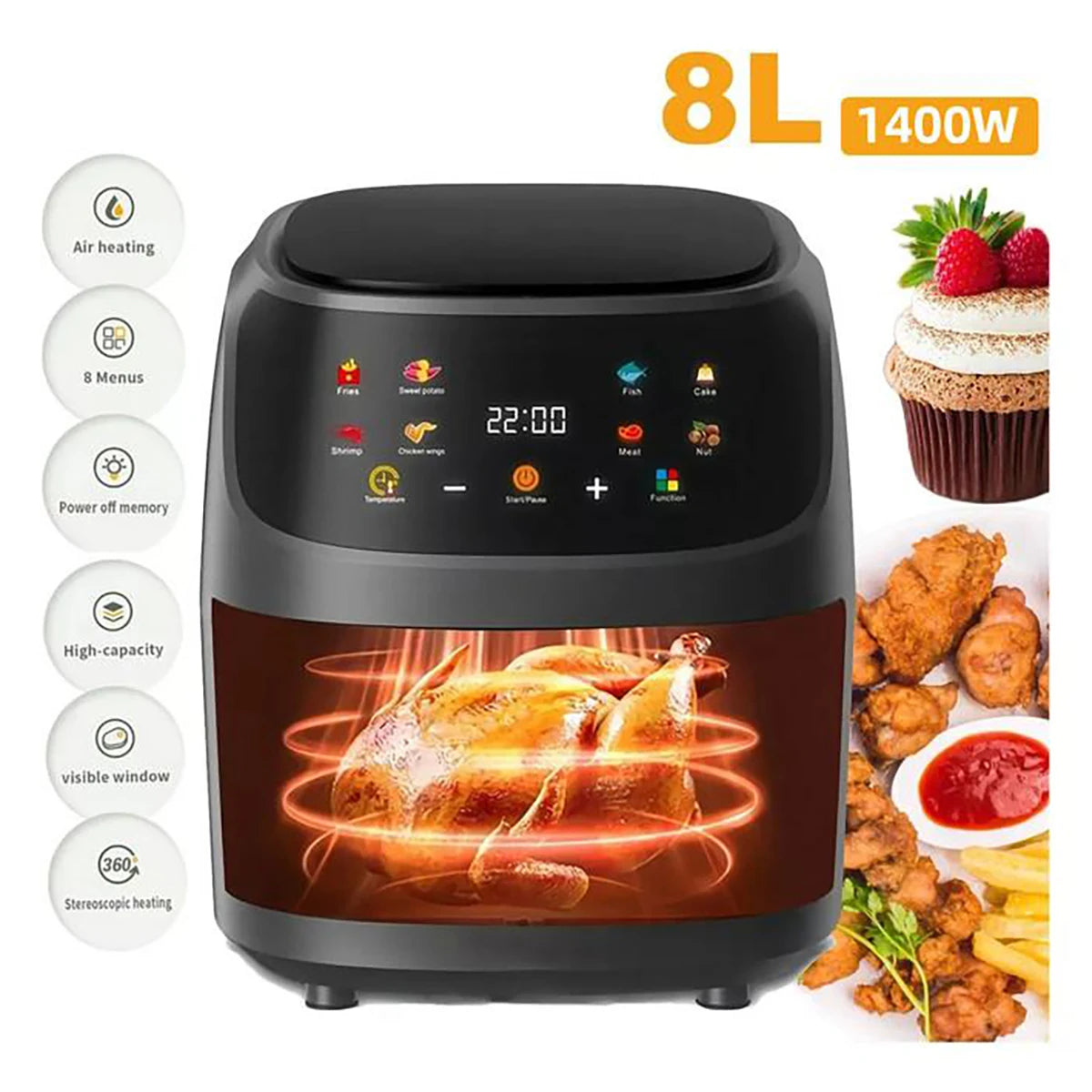Friteuse ½Ç air domestique sans huile, Smart LED Touch, Friteuse ½Ç air, SubKRthermique, Cuisiniõ¹re, Frites jetables, 1400W, 8L, blanc
