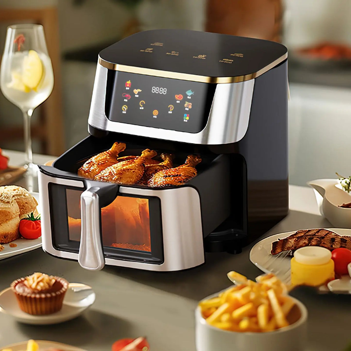 Friteuse ½Ç air ¹Èlectrique multifonctionnelle, acier inoxydable, grande capacit¹È visible, ¹Ècran tactile, 12L, 1400W