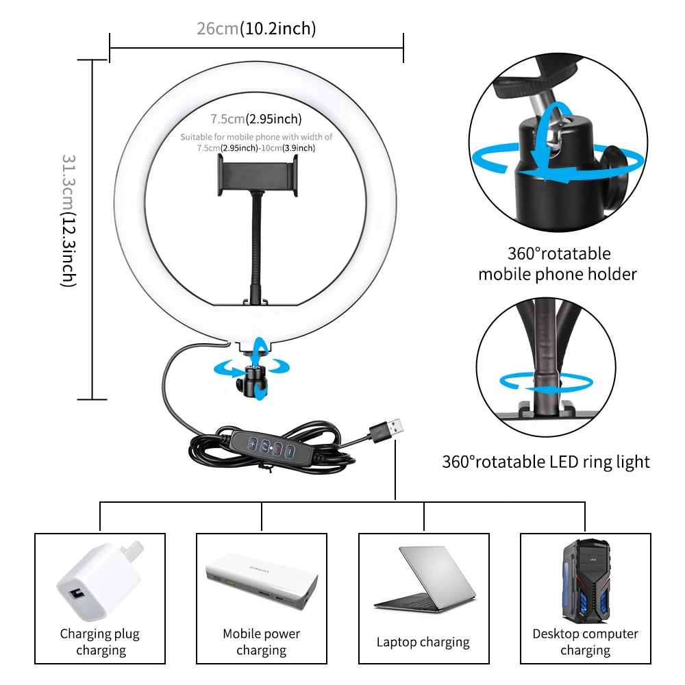 SH 10 pouces 26cm Led Ring Light ¨¦clairage de photographie avec tr¨¦pied support Usb Charge Selfie Led lampe pour Streaming vid¨¦o