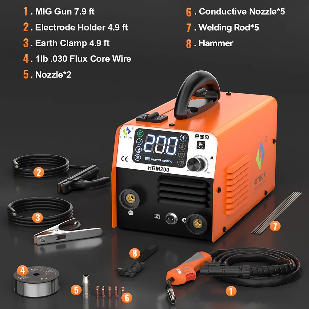 Machine ¨¤ souder semi-automatique 3 en 1, sans gaz, MIG/LIFT TIG/MMA, onduleur, outil synergique pour soudure sans gaz HBM200