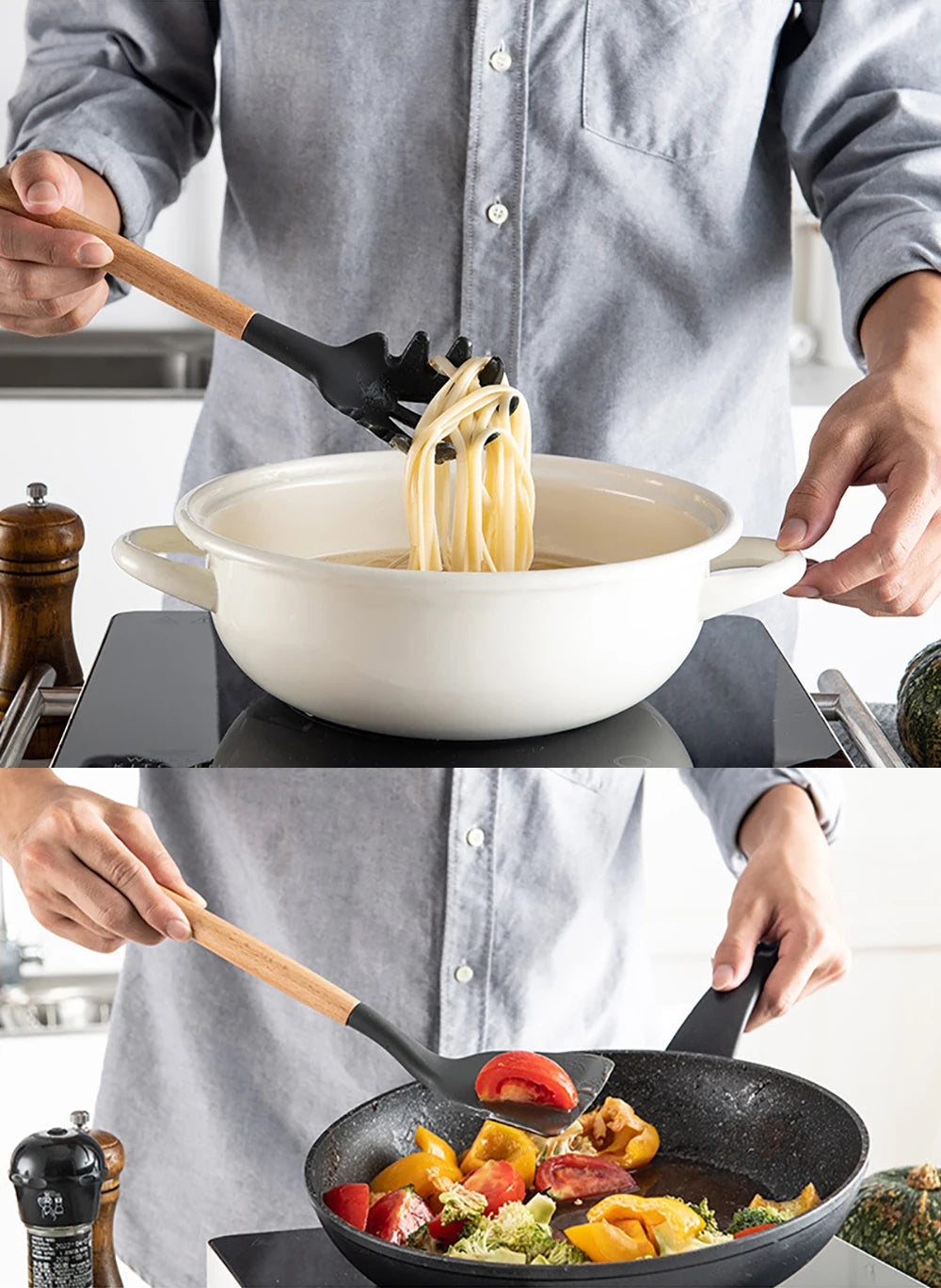 Ensemble d'ustensiles de cuisine en silicone antiadh¹Èsif, ustensiles de cuisine, spatule, pelle, batteurs ½Ç ?ufs, manche en bois, ensemble d'outils de cuisine, grey