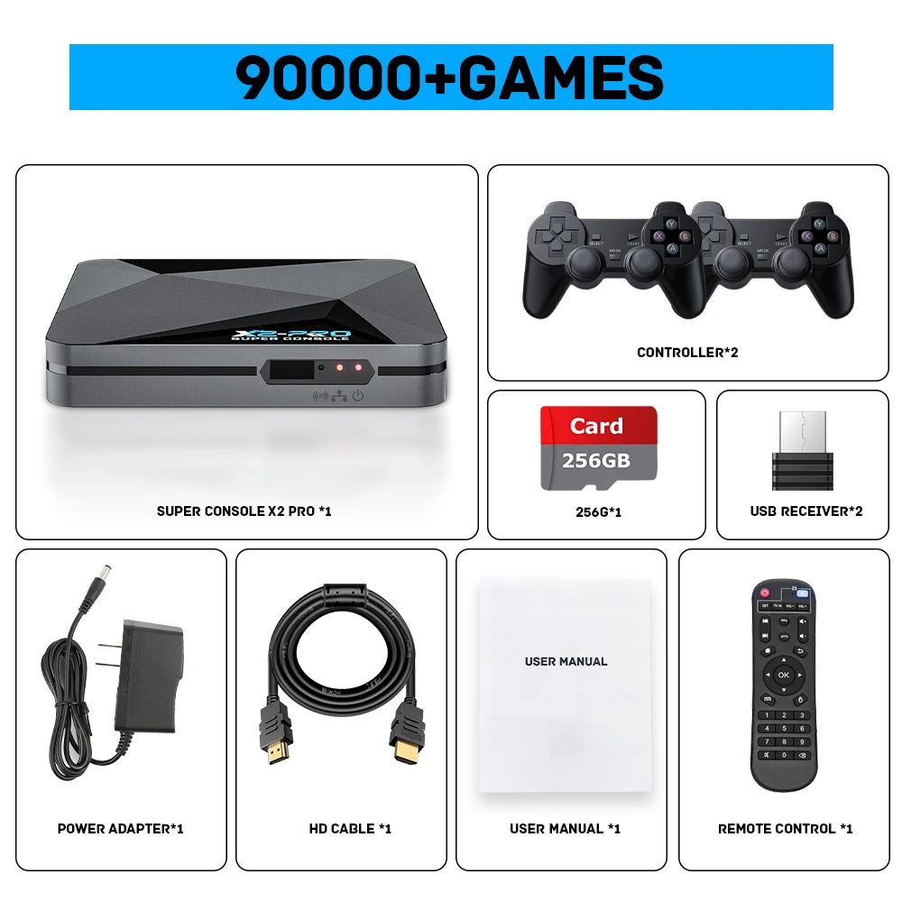 Super console de jeu vid¨¦o r¨¦tro, X2 Pro, 90000 jeux vid¨¦o pour PS1, DC, MAcloser, SS, manette de jeu, cadeau pour enfant, bo?te de jeu