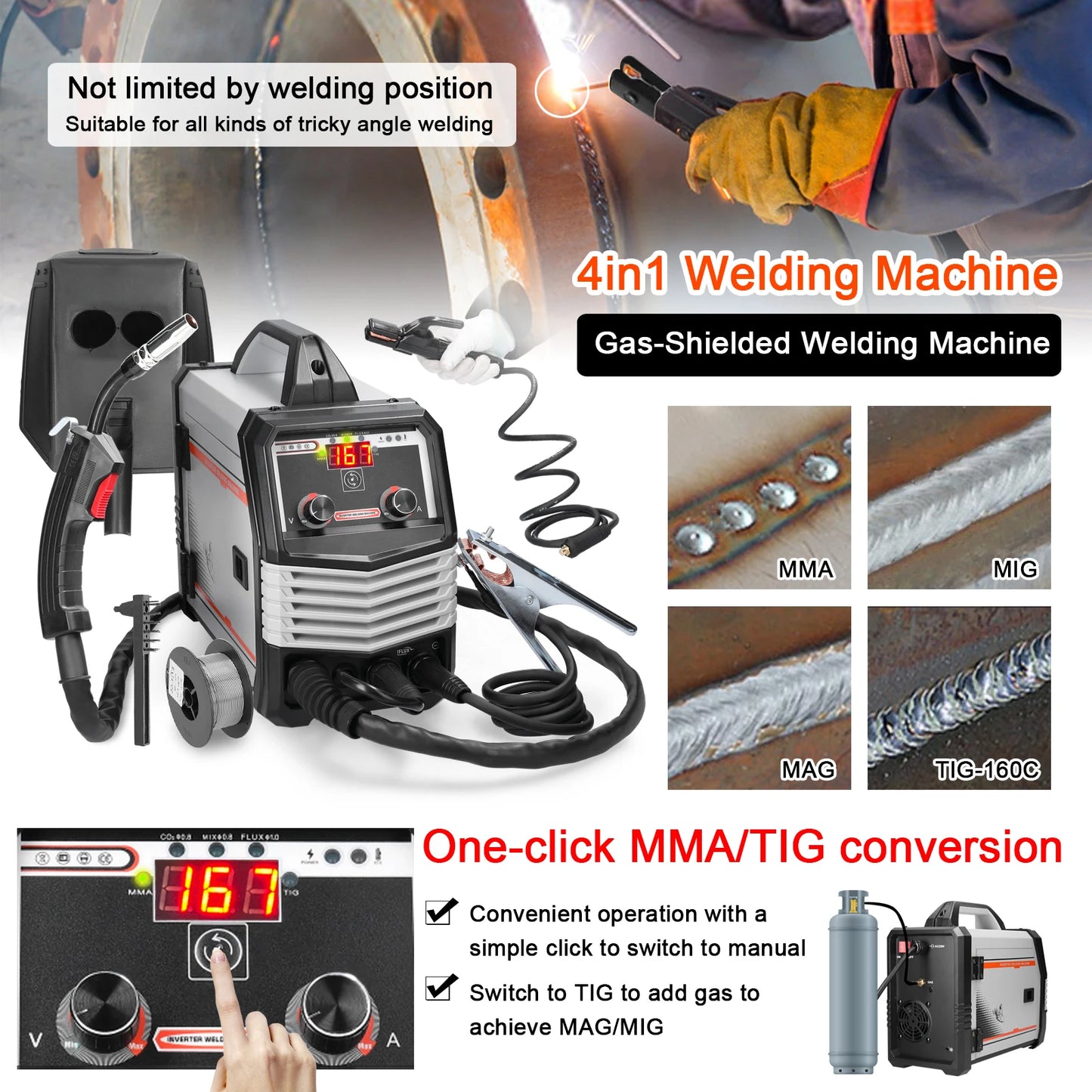 Machine de soudage ¨¤ TIG-160C MIG MMA MAG 4 en 1, soudeuse ¨¦lectrique ¨¤ onduleur IGBT, alimentation automatique des fils, soudeuse multifonction ¨¤ bouclier de gaz