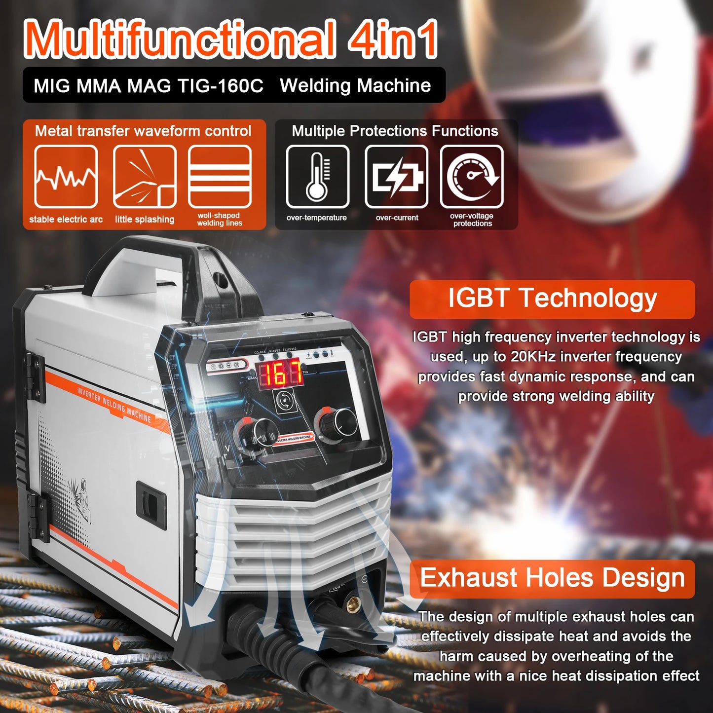 Machine de soudage ¨¤ TIG-160C MIG MMA MAG 4 en 1, soudeuse ¨¦lectrique ¨¤ onduleur IGBT, alimentation automatique des fils, soudeuse multifonction ¨¤ bouclier de gaz