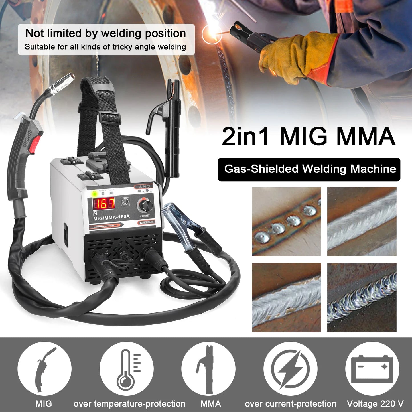 Machine ¨¤ souder ¨¦lectrique MIG MMA, soudeuse p¨¦riph¨¦rique, alimentation automatique, courant r¨¦glable, IGBT DC, onduleur, gaz inerte blind¨¦, 160A