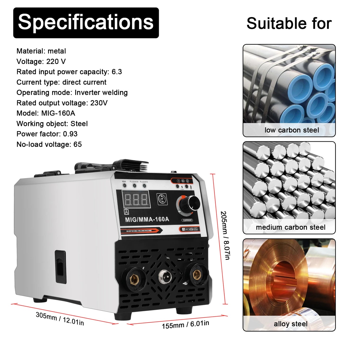 Machine ¨¤ souder ¨¦lectrique MIG MMA, soudeuse p¨¦riph¨¦rique, alimentation automatique, courant r¨¦glable, IGBT DC, onduleur, gaz inerte blind¨¦, 160A