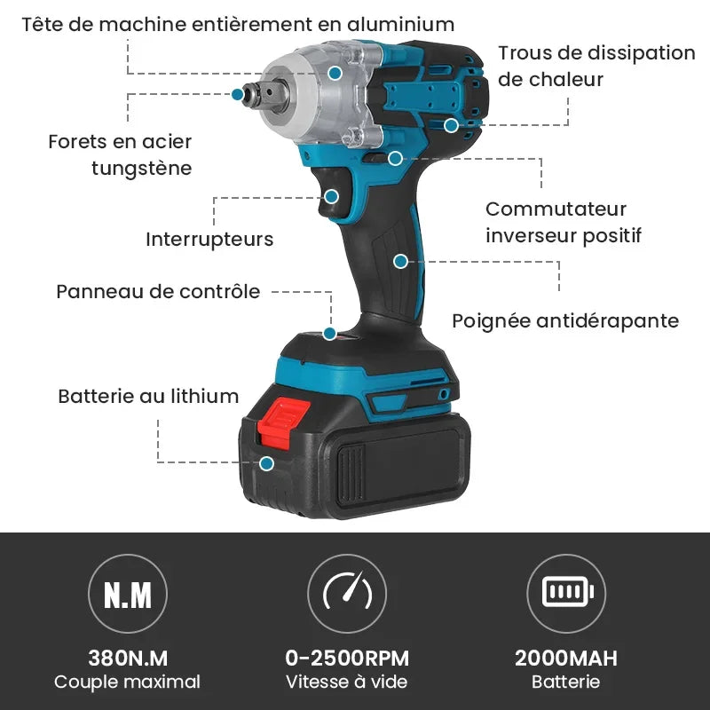 Cl¹È ½Ç chocs ¹Èlectrique sans fil, tournevis sans balais, outils ¹Èlectriques, compatible avec la batterie 18V, 520N.m, 1/2 pouces