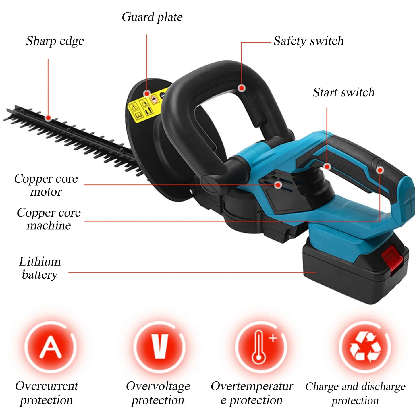 Taille-haie sans fil avec poign¹Èe rotative, outil de jardin pour touristes, batterie 18V, Without Battery
