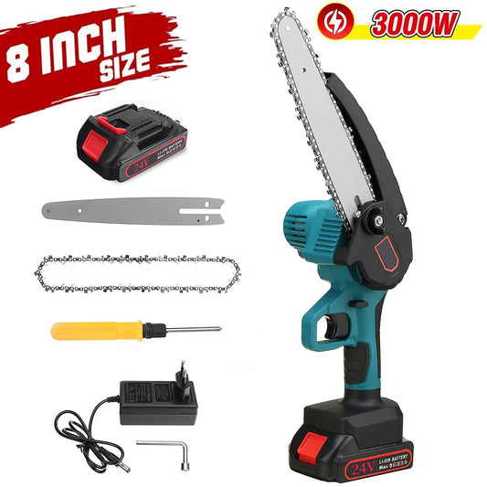 Mini scie ½Ç ¹Èlaguer ¹Èlectrique, tron?onneuses 3000W, 8 pouces, 24V avec Omicrophone, batterie au lithium, travail de calcul, scie de jardin, outils ¹Èlectriques