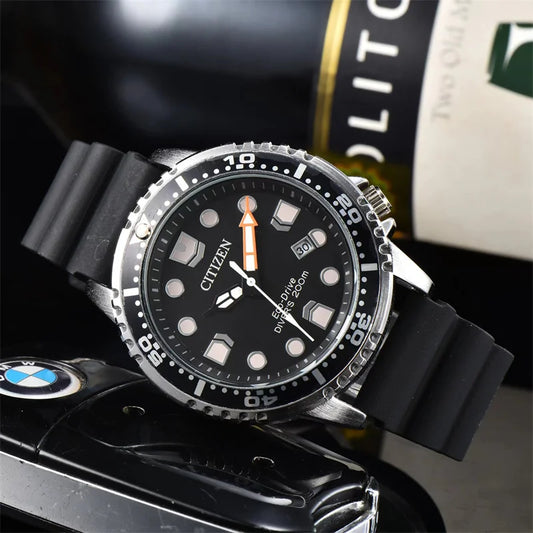 Montre ¨¤ quartz ¨¤ trois broches pour hommes avec bo?te-cadeau, s¨¦rie de plongeurs Citizen Prom84, conduite par cuill¨¨re ¨¤ soupe, montre ¨¤ bande calendrier, marque de luxe, mode