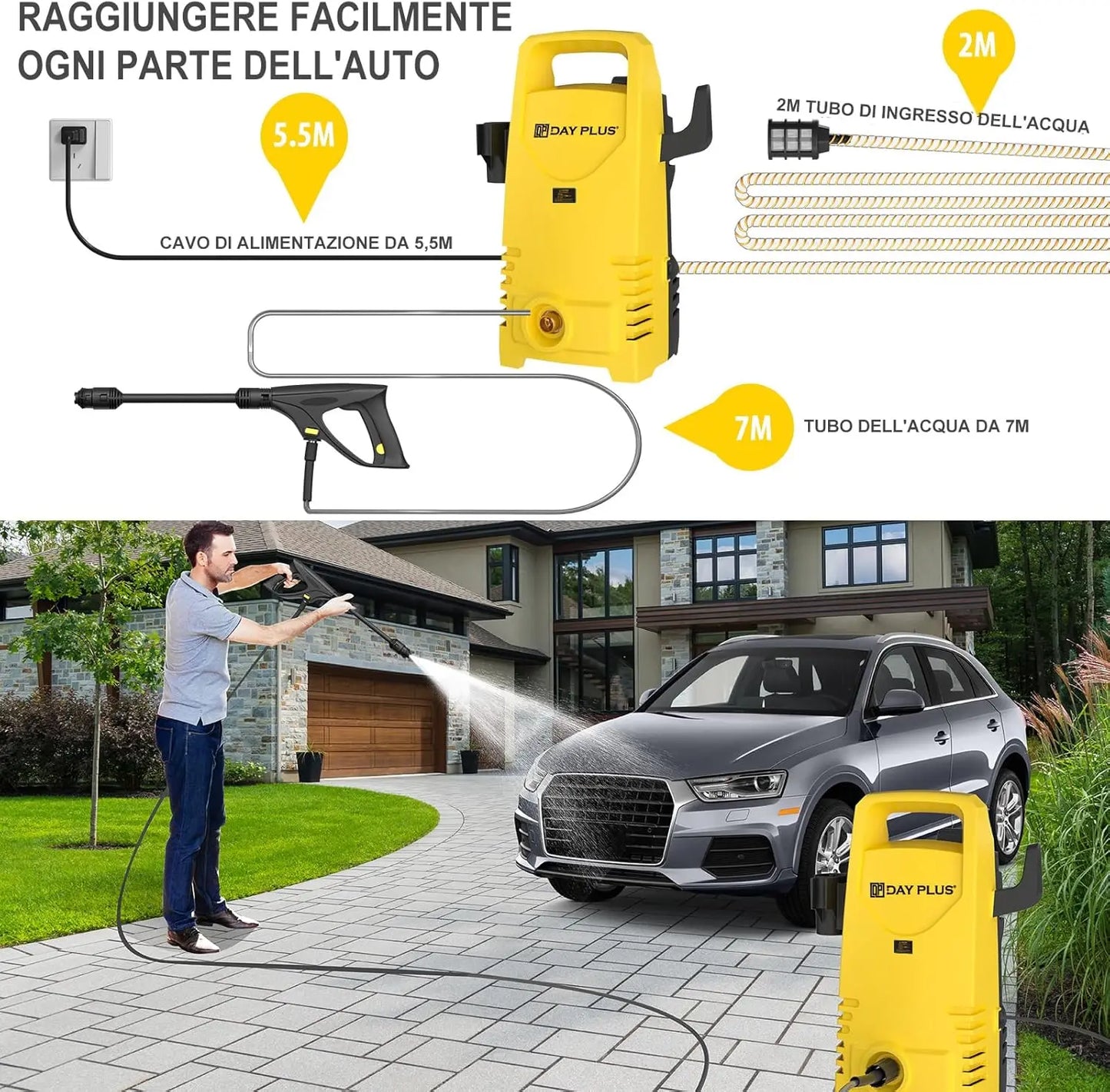 Nettoyeur haute pression ¨¦lectrique, 1600W,120bar,380l/h, Lance r¨¦glable de 0 ¨¤ 180 ¡ã, Tuyau flexible de 7m, Terrasses, HP, Voitures