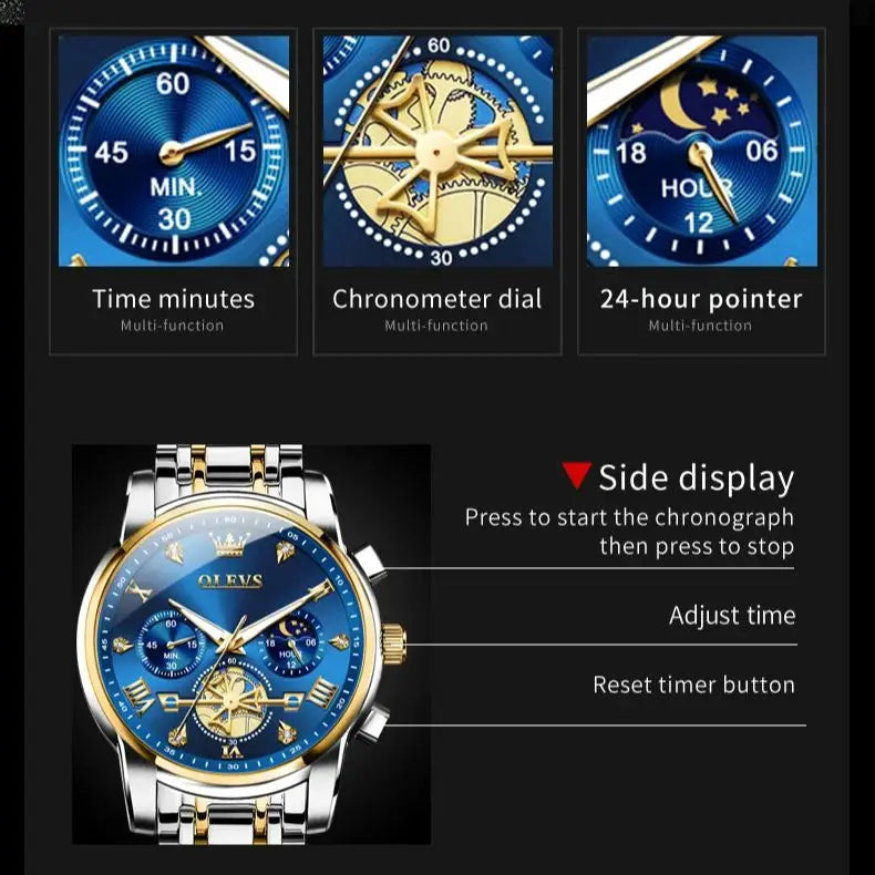 Montre ¨¤ Quartz pour Homme, Modules de Volant d'Inertie, Chronographe Seton, Phase de Lune, Montres-Bracelets Multifonctionnelles en Acier Inoxydable, 2856