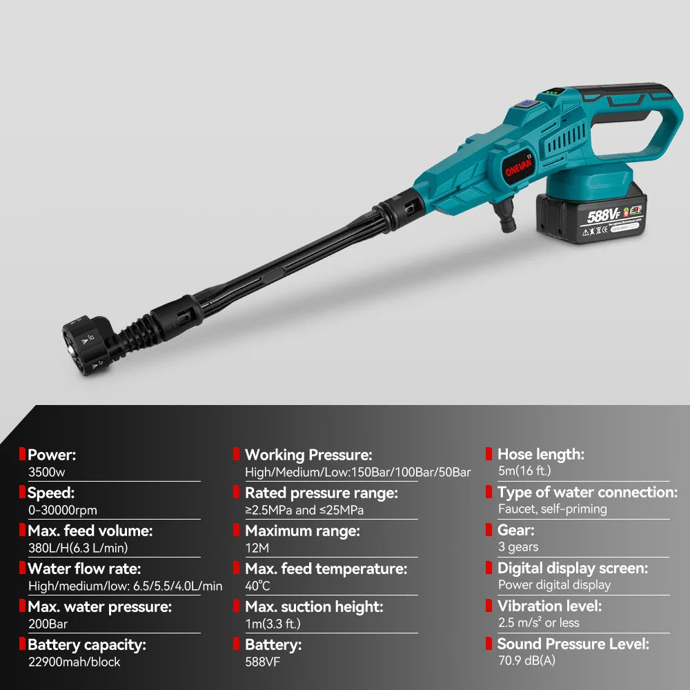 Pistolet de lave-auto haute pression sans balais, odorde lavage de voiture aste sans fil, batterie Makita 18V, 6 en 1, 200 bars, 3500W