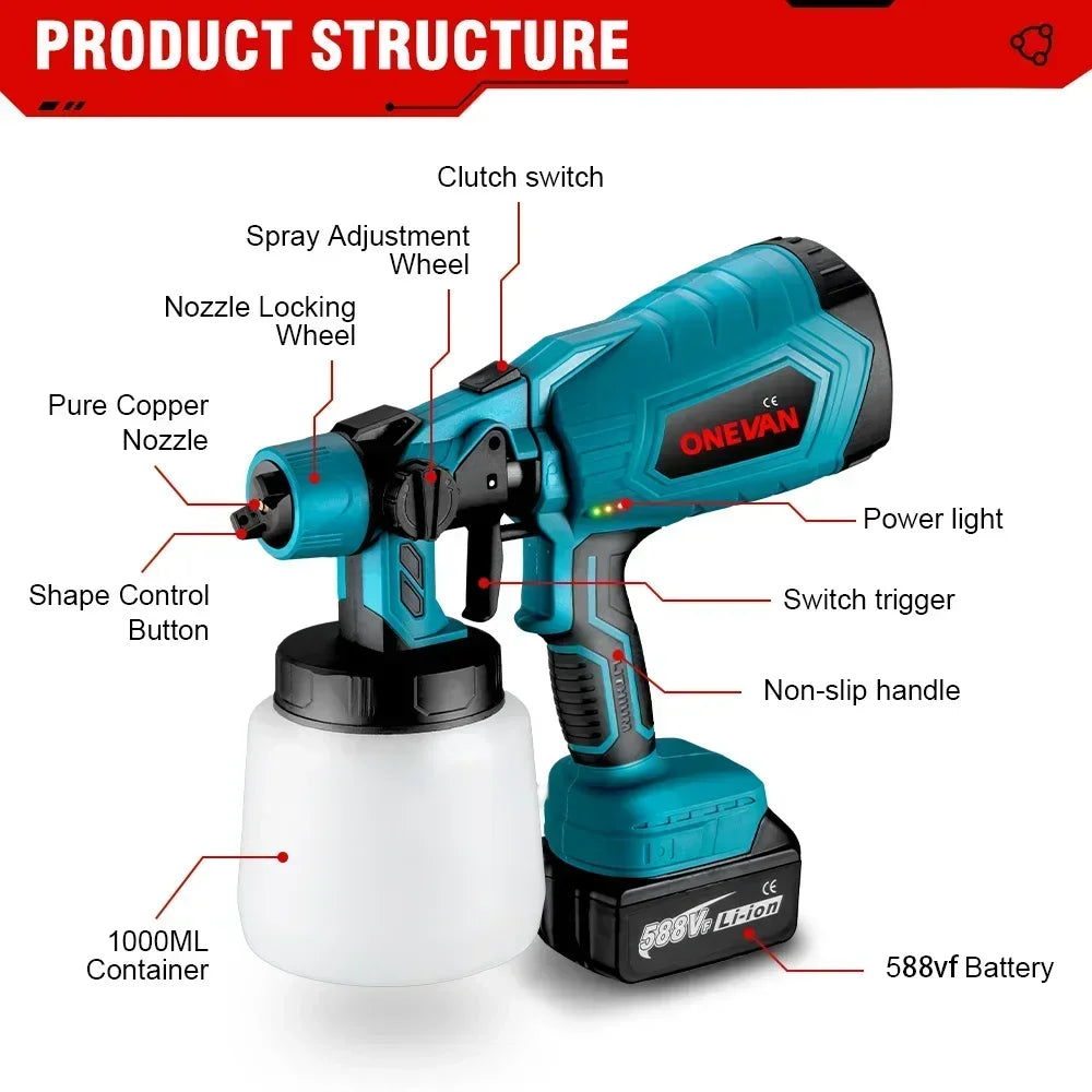 Pistolet pulv¨¦risateur ¨¦lectrique sans fil, pulv¨¦risateur de peinture portable, a¨¦rographe pour meubles automobiles, rev¨ºtement en acier, batterie Makita 18V, 1000ml