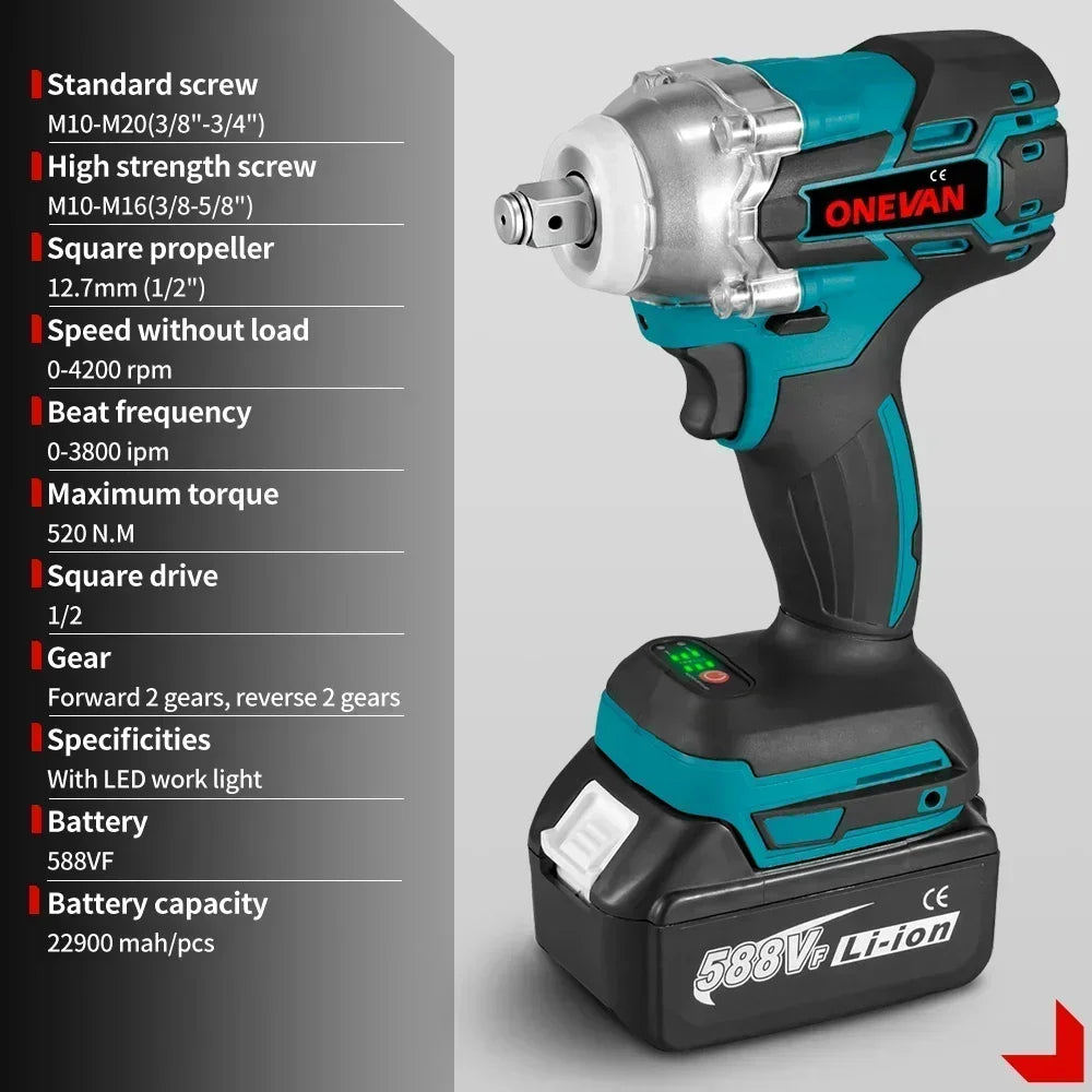 Tournevis ¹Èlectrique Sans Fil 520N.M cle a choc, visseuse sans fil,Outil de R¹Èparation de Voiture pour Batterie makita 18v outils, 1/2 Pouces