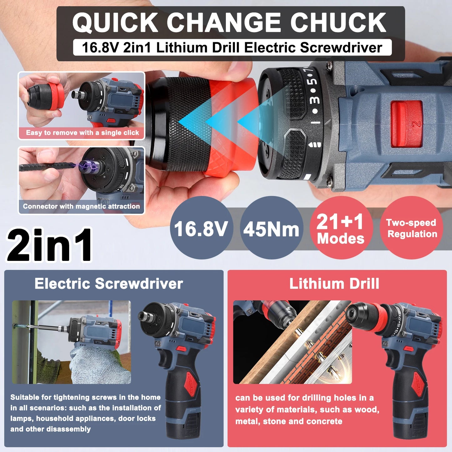 Perceuse au lithium 2 en 1, tournevis ¹Èlectrique, outil ¹Èlectrique multifonction, couple 45Nm, moteur sans balais, tournevis pratique, 16.8V