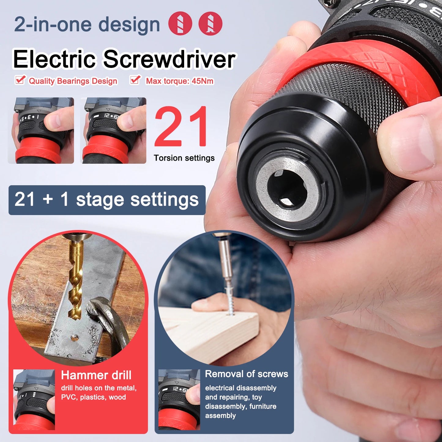 Perceuse au lithium 2 en 1, tournevis ¹Èlectrique, outil ¹Èlectrique multifonction, couple 45Nm, moteur sans balais, tournevis pratique, 16.8V
