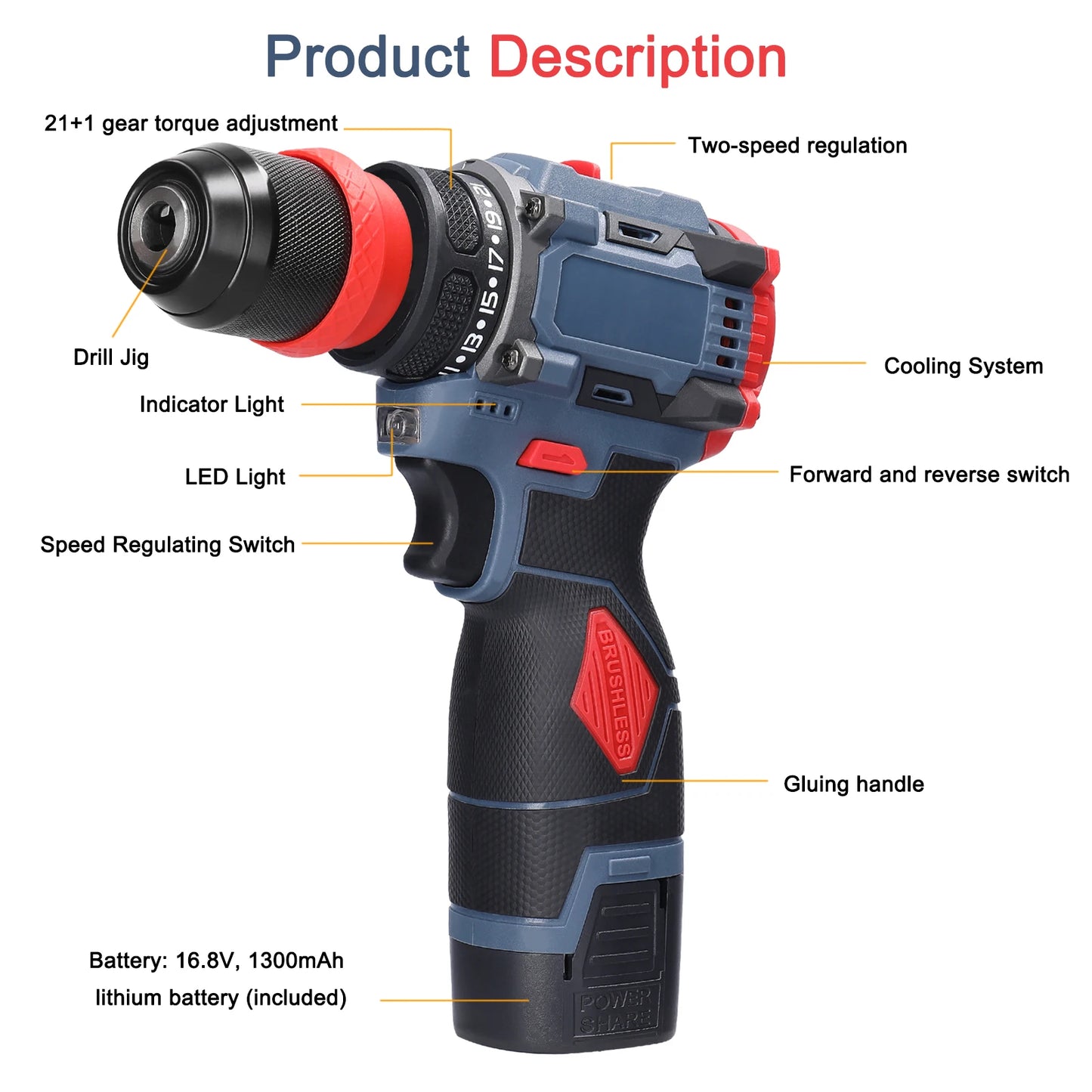 Perceuse au lithium 2 en 1, tournevis ¹Èlectrique, outil ¹Èlectrique multifonction, couple 45Nm, moteur sans balais, tournevis pratique, 16.8V