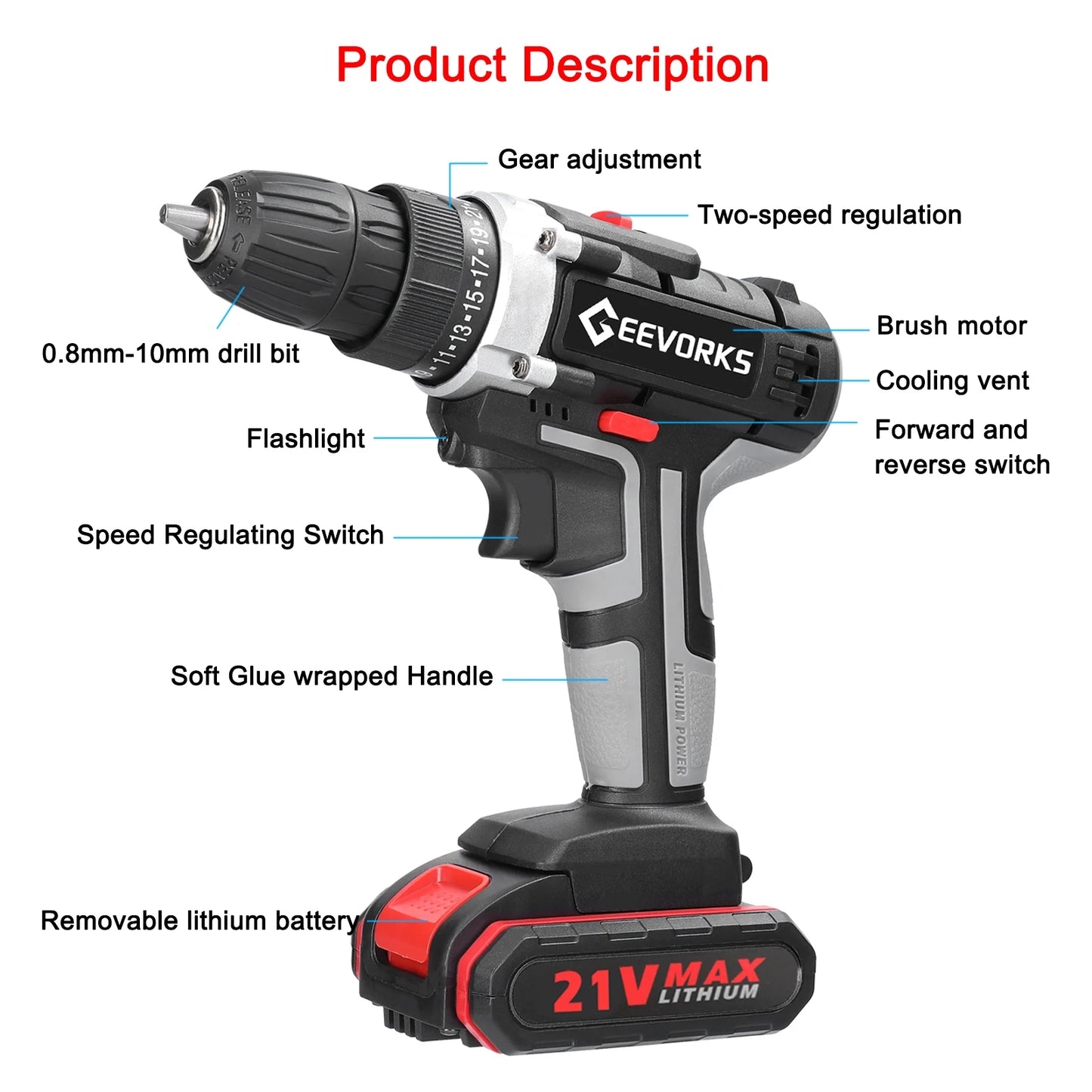 Perceuse sans fil ½Ç impact ¹Èlectrique, tournevis ¹Èlectrique, batterie au lithium haute puissance, perceuses ½Ç main rechargeables, outils ¹Èlectriques de bricolage ½Ç domicile, 21V