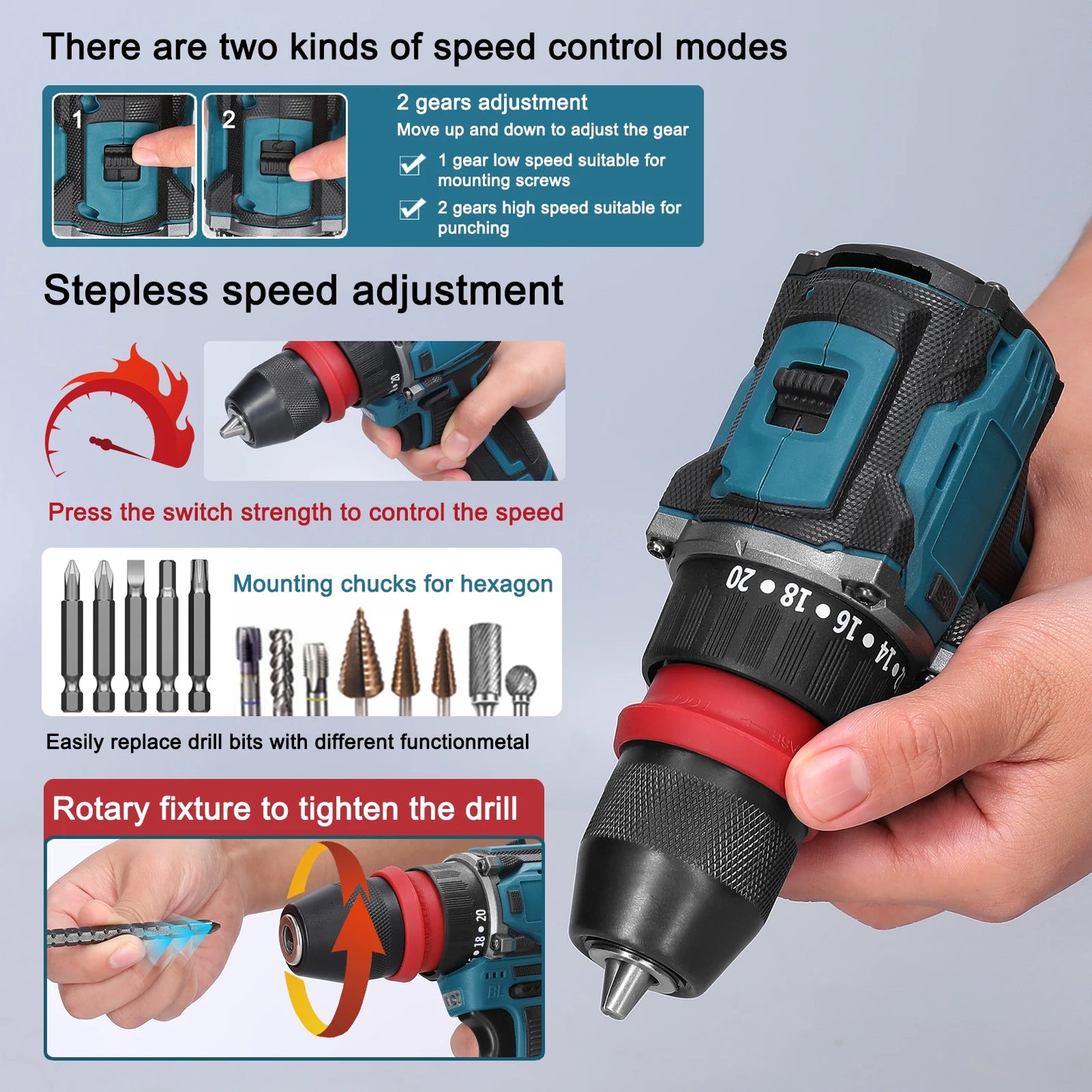 Perceuse visseuse ¹Èlectrique sans fil 2 en 1, moteur sans balais, couple 45 Nm 55Nm, r¹Ègulation de la vitesse en continu, d¹Èterminer la perceuse visseuse au lithium