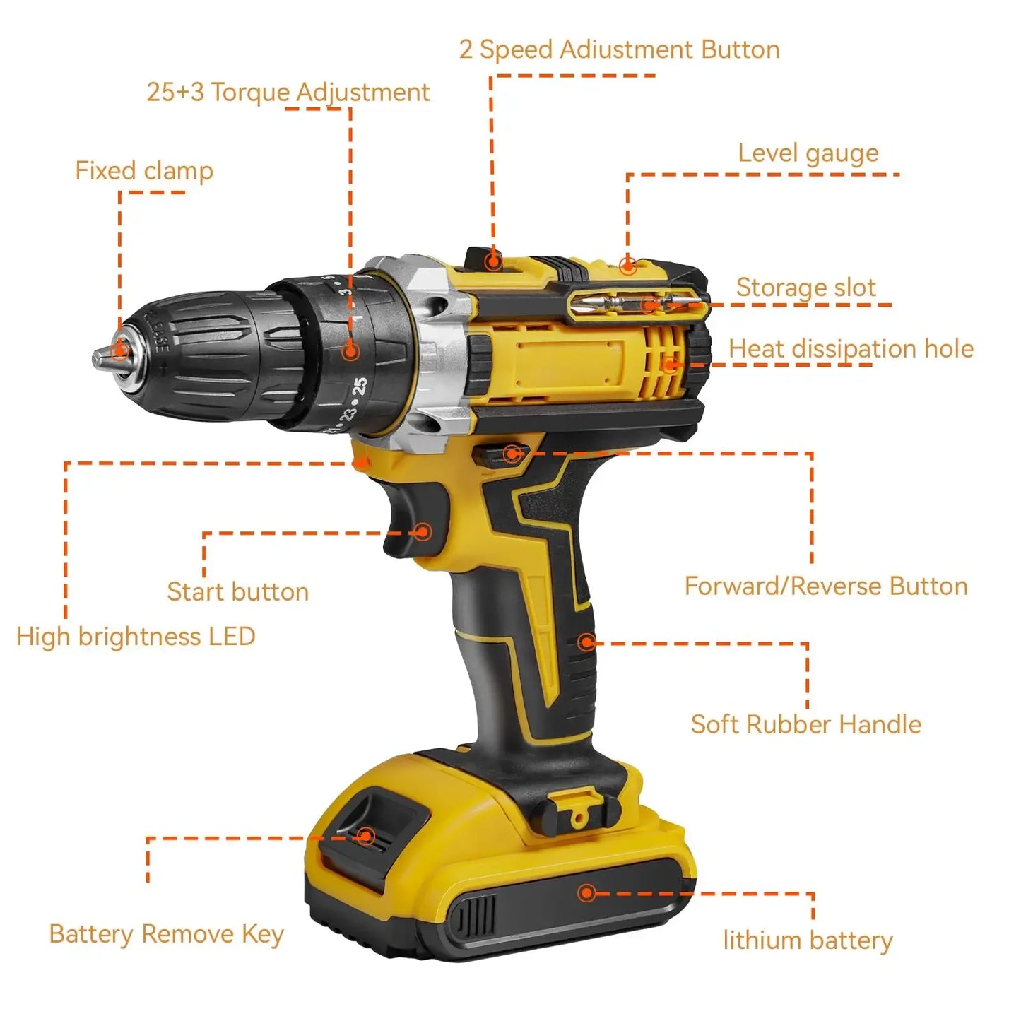 Perceuse visseuse ¹Èlectrique sans fil 21V, mandrin sans cl¹È 3/8 "2 vitesses 25 3 perceuse ½Ç embrayage 45Nm, outils ¹Èlectriques avec 2 batteries au lithium
