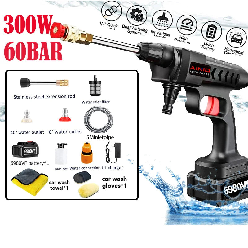 Pistolet de lavage de voiture haute pression sans fil, g¨¦n¨¦rateur de mousse, odor¨¤ eau, nettoyeur en a¨¦rosol, machine ¨¤ laver, 300W, 60 bars, 30000mAh