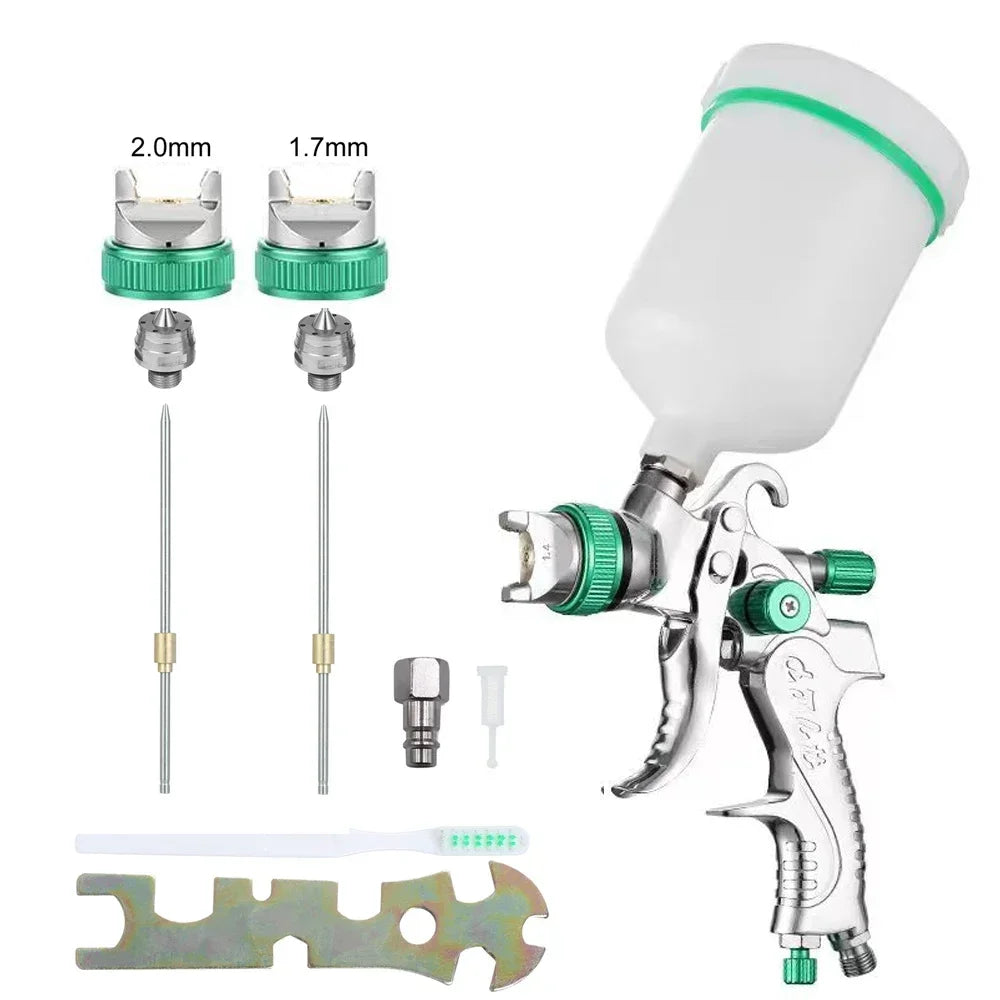 Pistolet de pulv¨¦risation, tasse de 600ml 1.4Mm 1.7Mm 2.0Mm, Green, gravit¨¦, buse d'a¨¦rographe aiguille pour peindre les murs de meubles de voiture