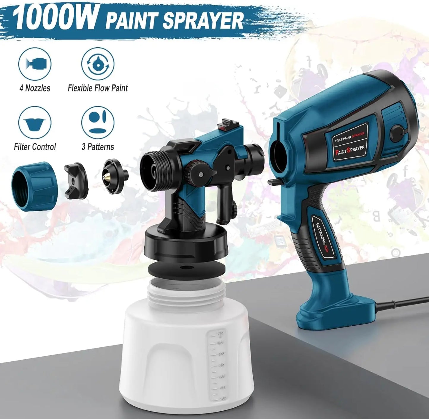 Pistolet pulv¨¦risateur ¨¦lectrique haute puissance, pulv¨¦risateur de peinture HVLP, a¨¦rographe pour meubles automatiques, rev¨ºtement en acier, bricolage ¨¤ la maison, 4 buses, 1400ml, 800W