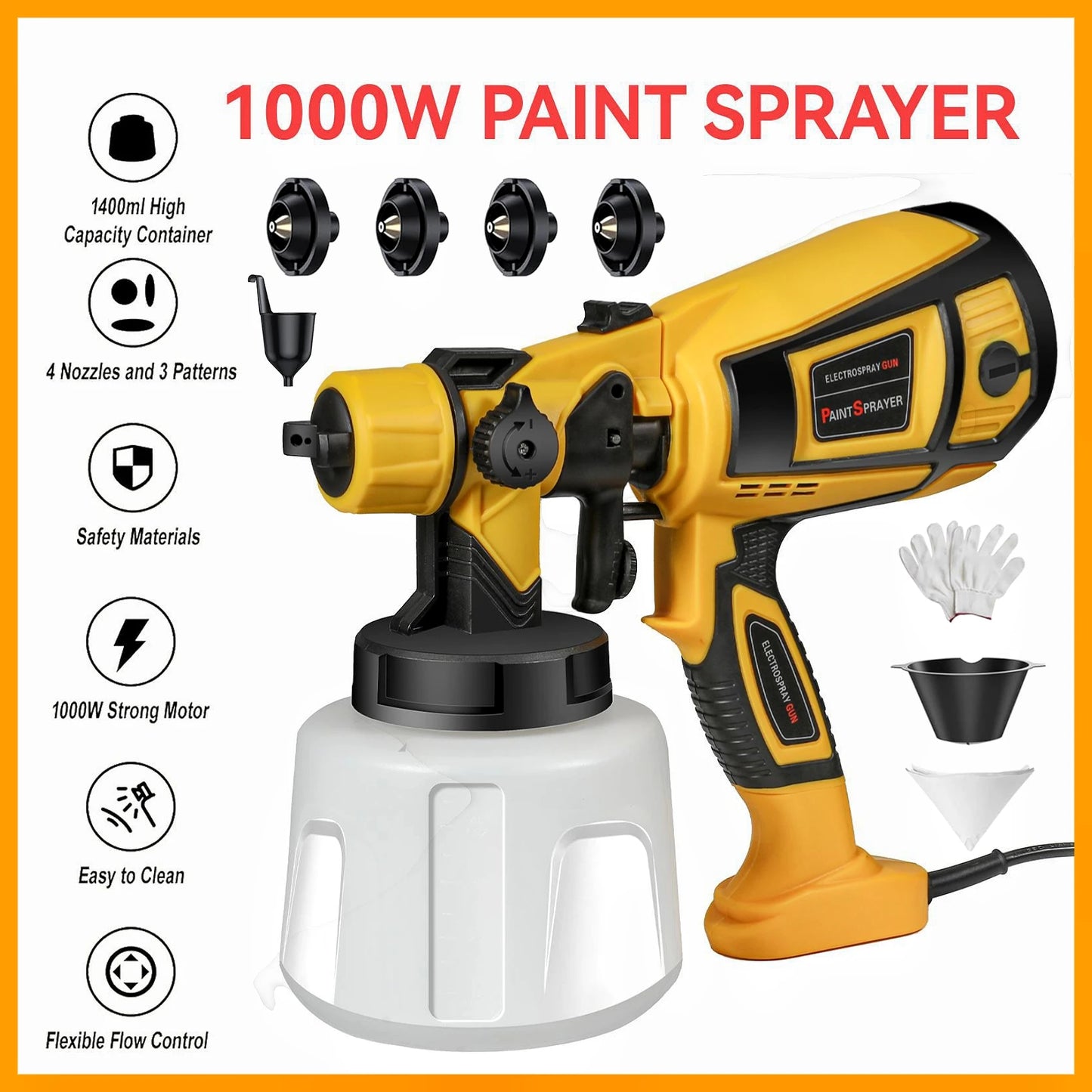 Pistolet pulv¨¦risateur ¨¦lectrique haute puissance, pulv¨¦risateur de peinture HVLP, rev¨ºtement en acier pour meubles automatiques, brosse ¨¤ air, buse en cuivre 1800mm, 220mm, 1.0mm, 1.8 W, 2.5 V