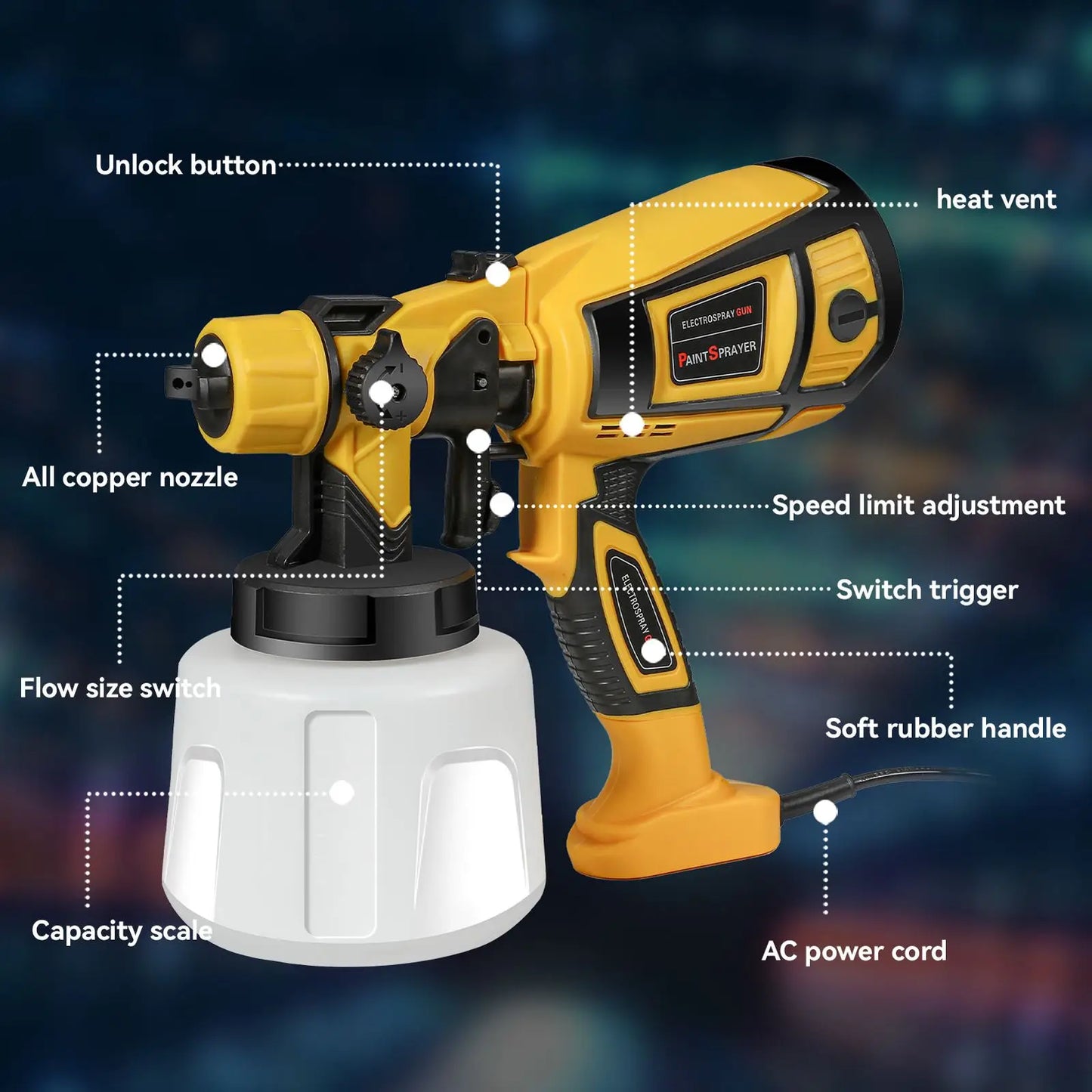 Pistolet pulv¨¦risateur ¨¦lectrique haute puissance, pulv¨¦risateur de peinture HVLP, rev¨ºtement en acier pour meubles automatiques, brosse ¨¤ air, buse en cuivre 1800mm, 220mm, 1.0mm, 1.8 W, 2.5 V