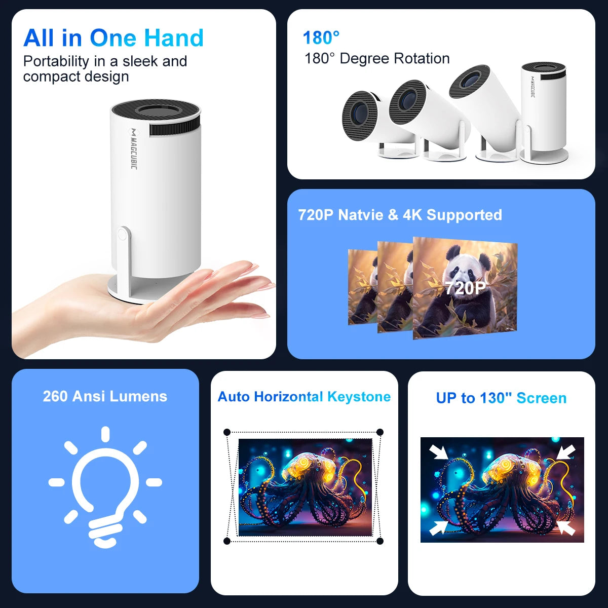 Projecteur Portable pour Touriste, 4K, Android 11, HY300 Pro, WiFi 6, 260ANSI, Allwinner, H713, BTpig, 1280x720P, Cin¨¦ma en Plein Air