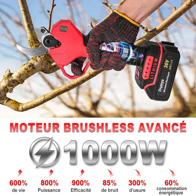 S¨¦cateur ¨¦lectrique sans fil sans balais, s¨¦cateur de jardin, outil de coupe de branches d'arbres fruitiers, 1000W, 50mm, 2 piles 36V