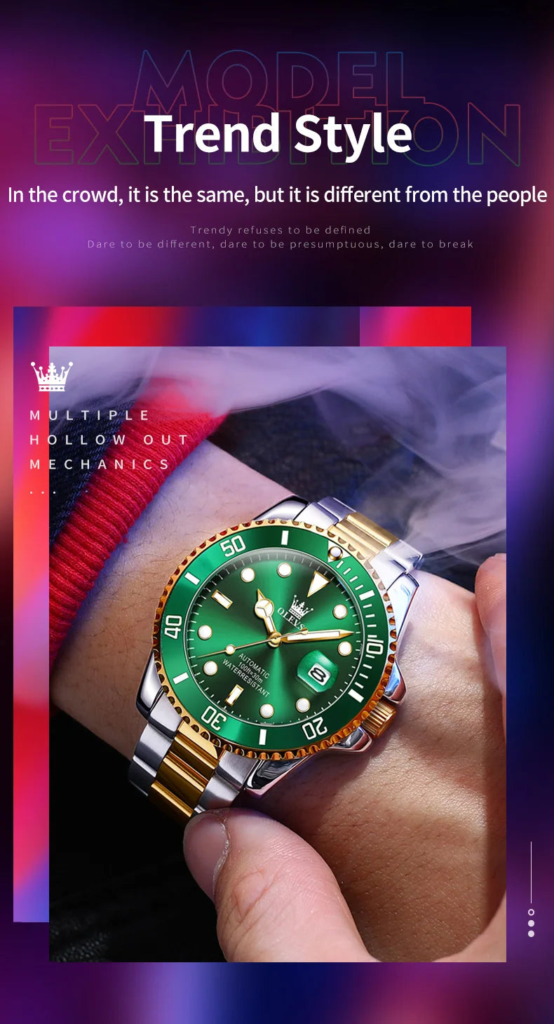 Montre-Bracelet M¨¦canique existent pour Homme, Lunette Rotative, Analogique, Plong¨¦e, Vert, ¨¦tanche, Business