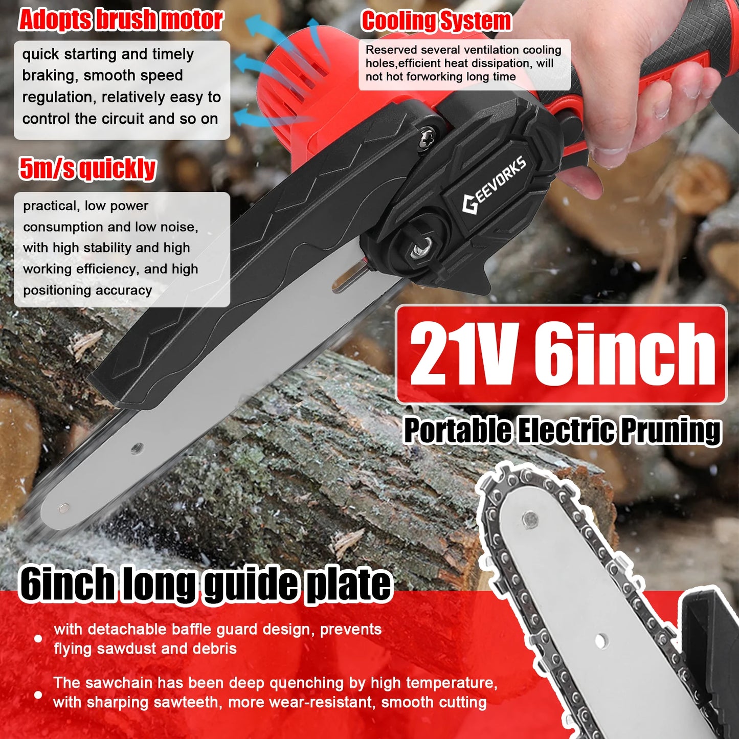 Scie ½Ç ¹Èlaguer ¹Èlectrique portable, petite tron?onneuse ½Ç fendre le bois, moteur ½Ç brosse, outil de travail de calcul ½Ç une main pour jardin et verger, 21V, 6 po