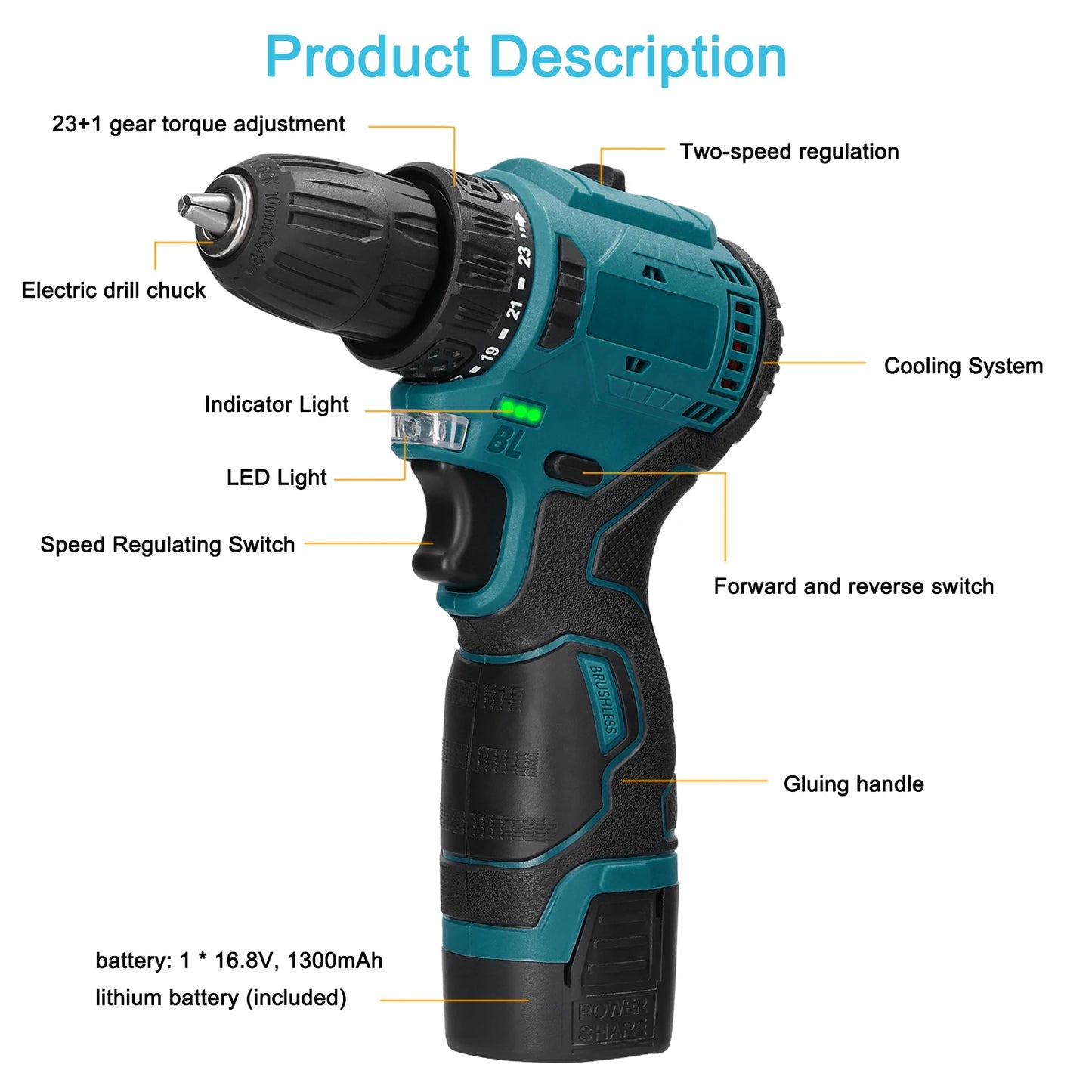 Perceuse visseuse ¹Èlectrique sans fil 2 en 1, moteur sans balais, couple 45 Nm 55Nm, r¹Ègulation de la vitesse en continu, d¹Èterminer la perceuse visseuse au lithium