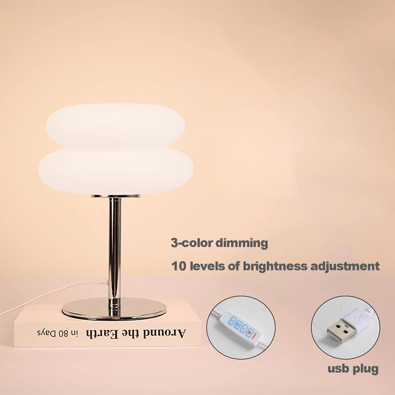 Lampe de chevet de chambre à coucher, lampe de table de style crémeux, prise USB, gradation tricolore, lumière d'ambiance pour salon et étude