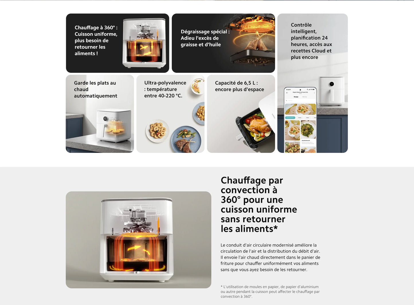 Smart Air Fryer, Tensibilisation ½Ç 360 ¡«, Puzzles it¹È de 6,5 L, Temp¹Èrature Mobentre 40-220 ¡«C, 6,5 L