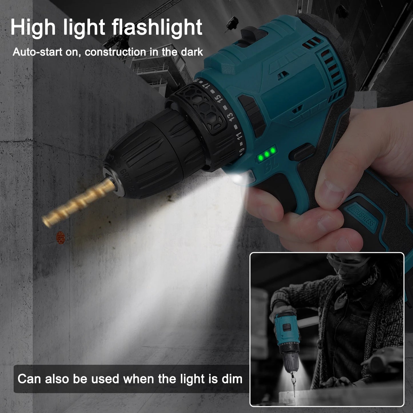 Perceuse visseuse ¹Èlectrique sans fil 2 en 1, moteur sans balais, couple 45 Nm 55Nm, r¹Ègulation de la vitesse en continu, d¹Èterminer la perceuse visseuse au lithium